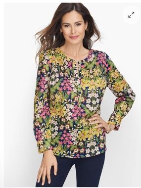 Talbots Navy Floral Button-Front Long Sleeve Blouse Size XL